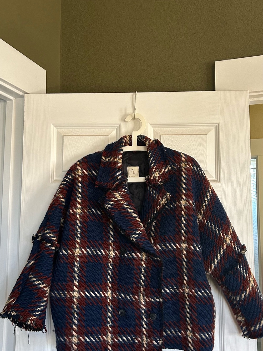 Plaid Wool-Blend Peacoat Jacket in Navy and Burgundy